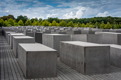Berlin, Germany - August 18, 2009: People visit Memorial to the Murdered Jews of Europe, victims of the Holocaust. The idea belongs to the Berlin publicist Lea Rosh.