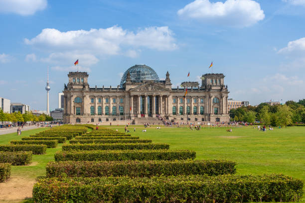 Dem Deutschen Volke sign on Reichstag building in Berlin, Germany, isolated