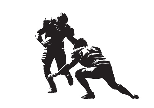 American football action, two players. Isolated vector silhouette, ink drawing