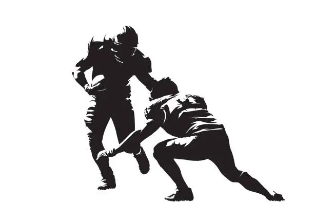 Vector illustration of American football action, two players. Isolated vector silhouette, ink drawing