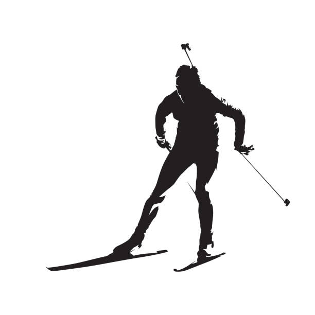 bildbanksillustrationer, clip art samt tecknat material och ikoner med biathlon racer, isolerade vektor silhuett, framifrån. vintersport - skidskytte tavla