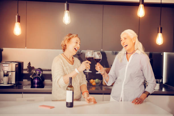 istock Delighted happy aged women cheering with wine 1095066572