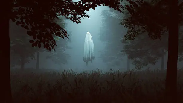 Floating Evil Spirit in a Wooded Clearing with a Beam of Light 3d illustration 3d render