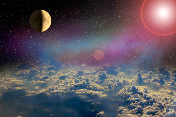 istock Moon glowing in open space above clouds of Earth. Cosmic landscape 1095071654