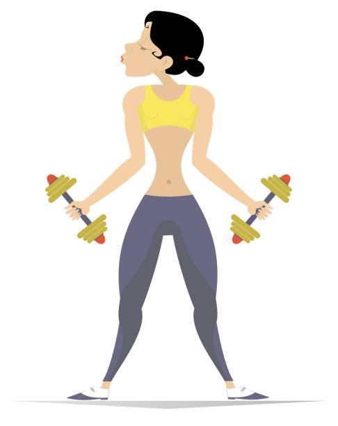 illustrations, cliparts, dessins animés et icônes de jolie jeune femme fait des exercices avec des haltères isolés - strongwoman