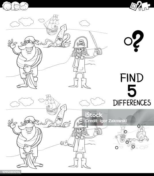 Differences Game With Pirates Color Book Stock Illustration - Download Image Now - Black And White, Book, Cartoon