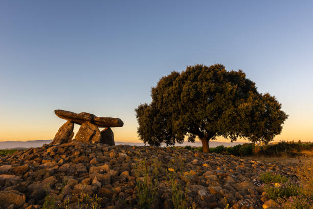 dolmen von chabola de la hechicera bei sonnenaufgang, elvillar, baskisches land, spanien - hünengrab stock-fotos und bilder