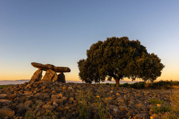 dólmen de chabola de la hechicera ao nascer do sol, elvillar, país basco, espanha - dolmen - fotografias e filmes do acervo