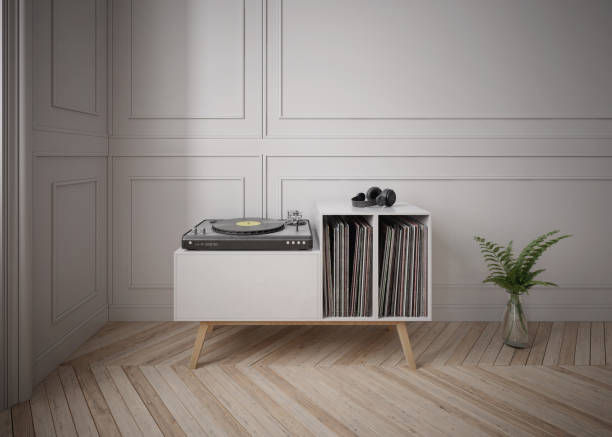 modern dresser with gramophone, headphones and  vinyl record - radio gramophone imagens e fotografias de stock