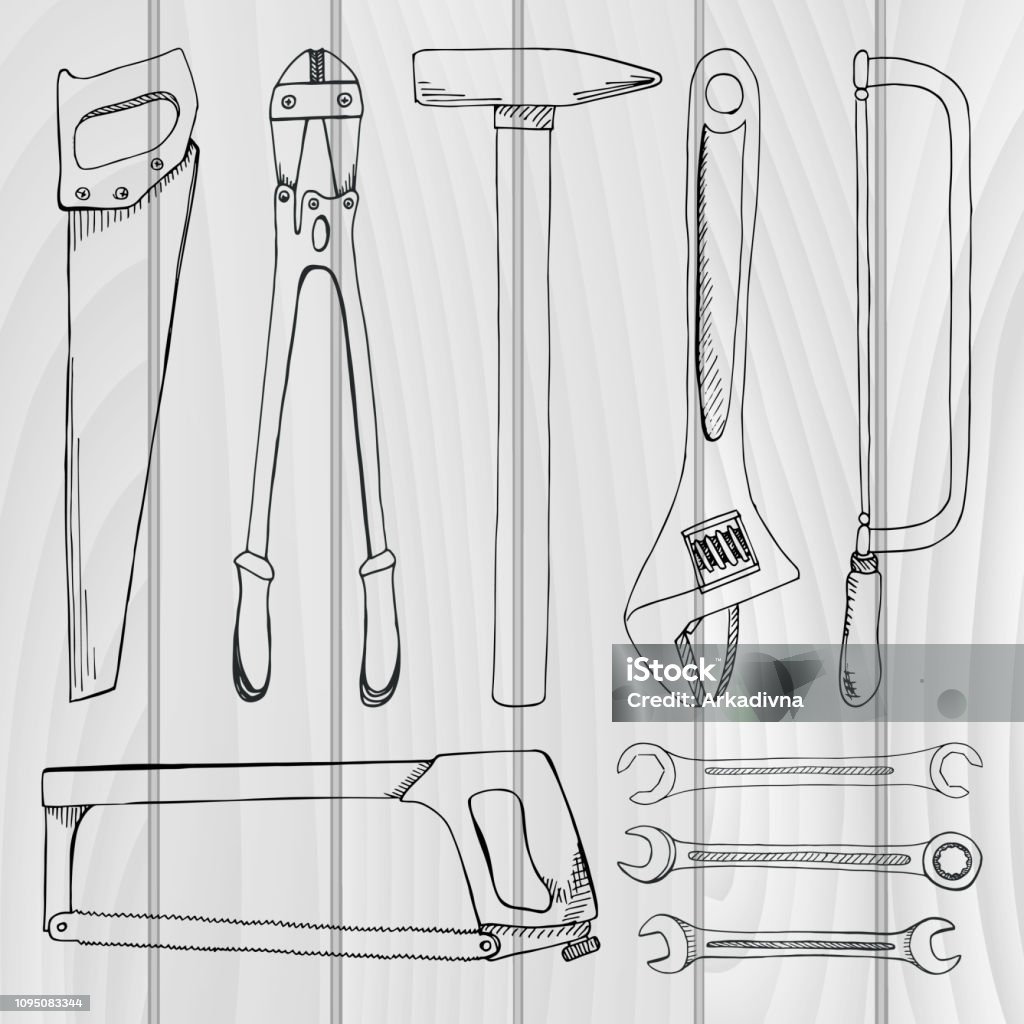 Assorted Tool Drawing Set Of Tools Hardware Different Metal Tools Isolated On White ...
