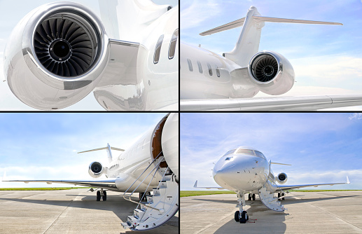 Collection of four photos of luxury private jet plane. Detail of a engine, steps and shot of the whole aircraft.