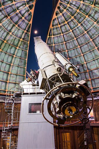 The historical 36-inch Shane telescope at Lick Observatory, Mount Hamilton ready for night sky viewing; San Jose, south San Francisco bay