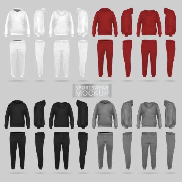 Vector illustration of Mockup of the sportswear hoodie and trousers in four dimensions