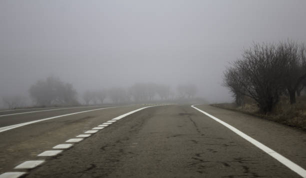 estrada de auto-estrada com nevoeiro - street light fog morning country road - fotografias e filmes do acervo