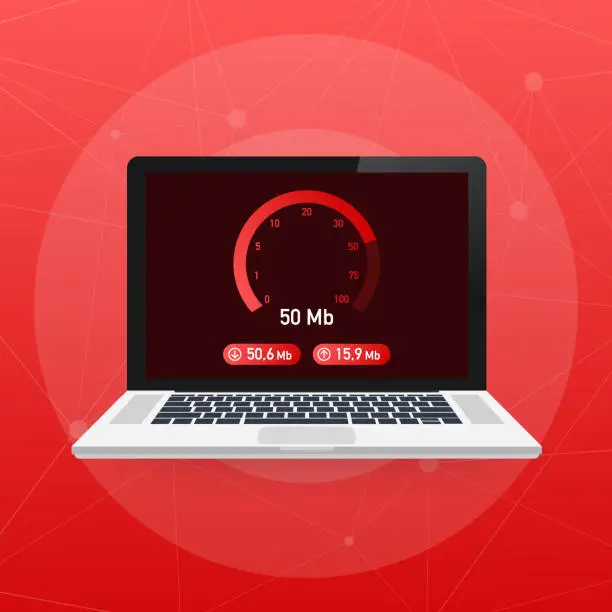 Vector illustration of Speed test on laptop. Speedometer Internet Speed 50 mb. Website speed loading time. Vector illustration.