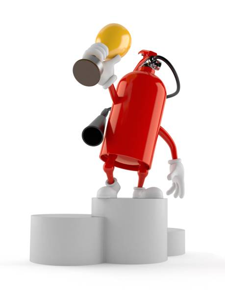 istock Fire extinguisher character holding golden trophy 1095096818