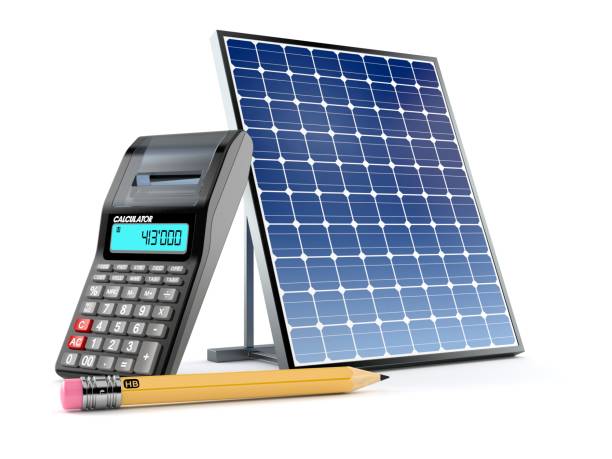 фотоэлектрическая панель с калькулятором и карандашом - solar energy currency energy green стоковые фото и и�зображения