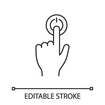 Power button click linear vector icon. Editable stroke. Start. Turn on. Hand pressing button