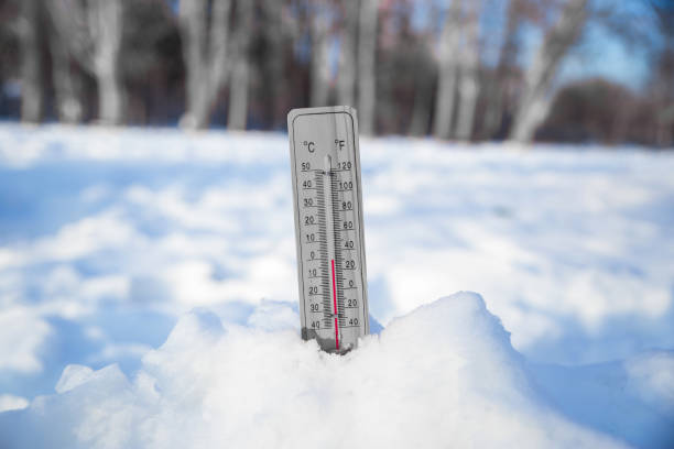Wooden thermometer standing in the snow
