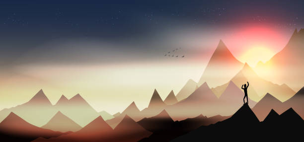 istock Mountains landscape at dawn with mountain climber and geese flying in formation 1095104242