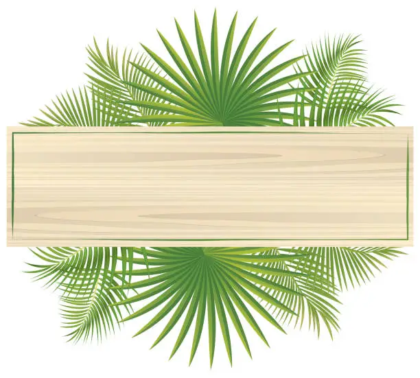 Vector illustration of Wooden Sign With Tropical Leaves