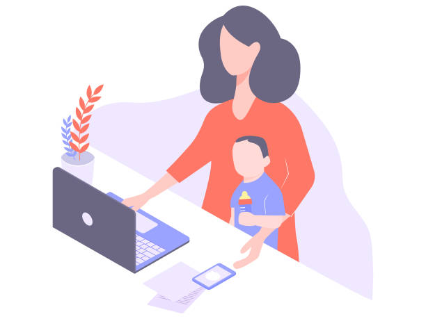 illustrazioni stock, clip art, cartoni animati e icone di tendenza di carino giovane mamma freelance lavora a casa - genitori illustrazioni