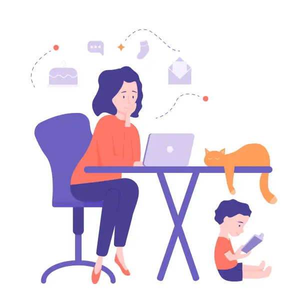 Vector illustration of Mom freelancer works at home