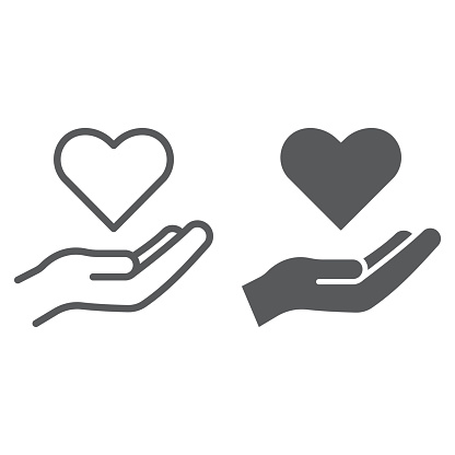 Care line and glyph icon, family and love, hand holding heart sign, vector graphics, a linear pattern on a white background, eps 10.