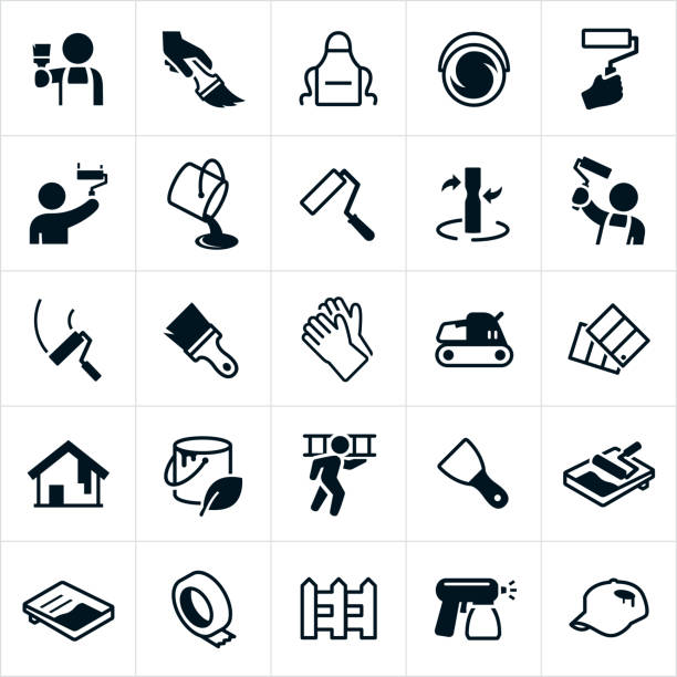 House Painting Icons A set of house painting icons. The icons include painters, painting, paint brush, paint roller, paint bucket, paint, paint mixing, gloves, sander, paint swatches, ladder, paint sprayer, tape, picket fence and other related icons. paint icons stock illustrations