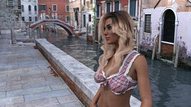 ilustración de una mujer en el primer plano y el pueblo en una pasarela en una venecia como escenario. - ponytail brown hair tourist women fotografías e imágenes de stock