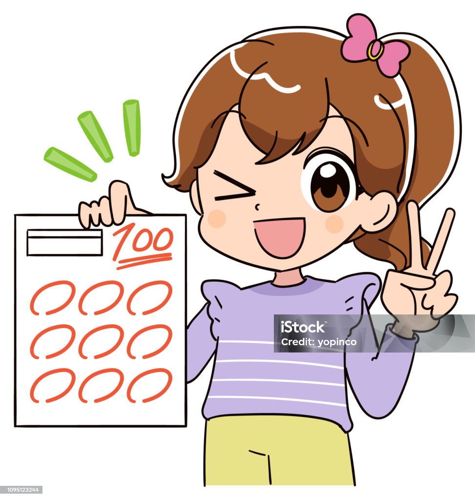 A Girl Is Delighted To Have A Test Paper Of 100 Points Stock Illustration -  Download Image Now - iStock