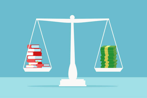 Vector of a stack of books on a scale balancing pile of dollar cash Value of education concept. Vector of a stack of books on a scale balancing pile of dollar cash tuition-classes stock illustrations
