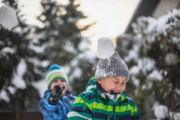 Brothers having snowball fight in their backyard