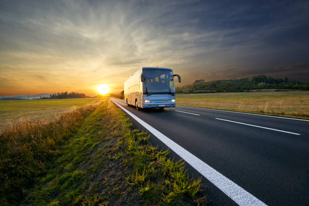 autobus che viaggia sulla strada asfaltata nel paesaggio rurale al tramonto - autobus foto e immagini stock