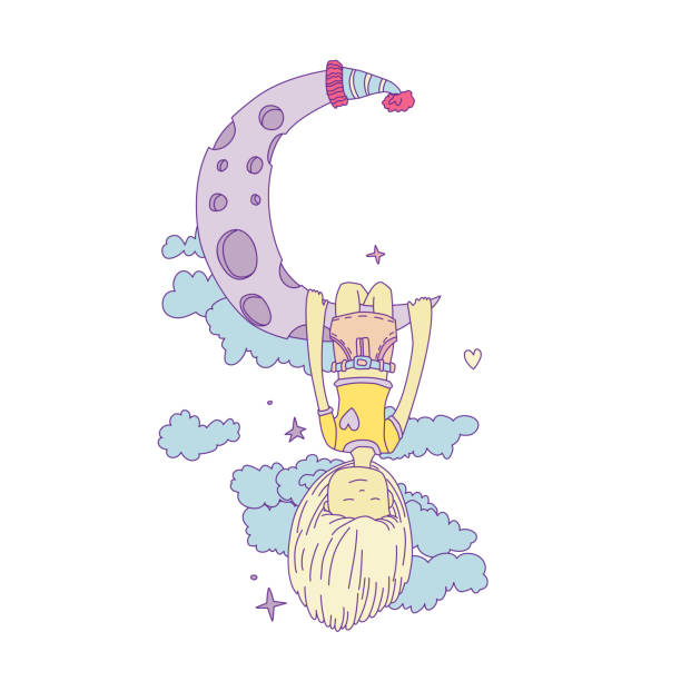 istock A little girl sleeping and dreaming, hanging on a crescent moon among the stars and clouds. Little girl dreaming on the moon. Dreaming little girl vector cartoon hand draw illustration 1095146174