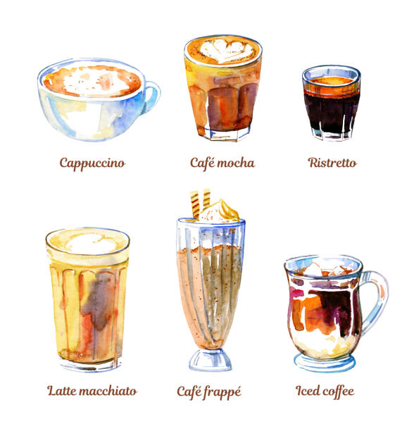 コーヒー飲料のタイトルの一覧です。水彩セットです。グラスとマグカップ手描きスケッチ図 - カフェラテ　アイス点のイラスト素材／クリップアート素材／マンガ素材／アイコン素材