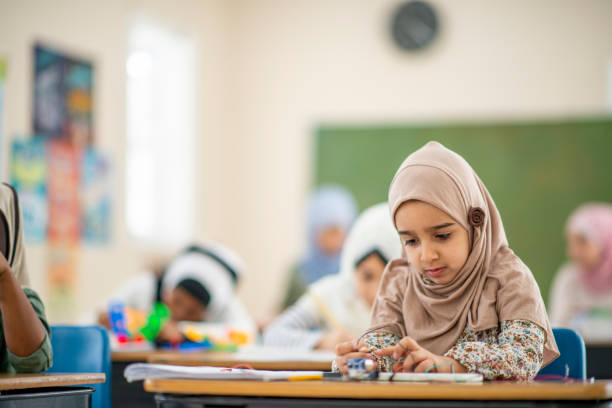 istock Muslim girl in school learning 1095148284