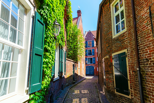 Amsterdam canal house facades with the Zuiderkerk church tower and a blue sky in the background during summer.