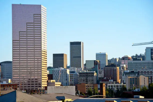 Photo of Portland Down Town with high-rise skyscrapers of office buildings and apartments
