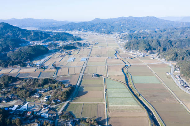 A landscape of mountains and countryside in Japan