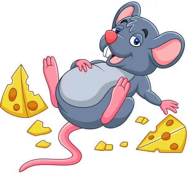 Vector illustration of Cartoon mouse with a cheese and full belly