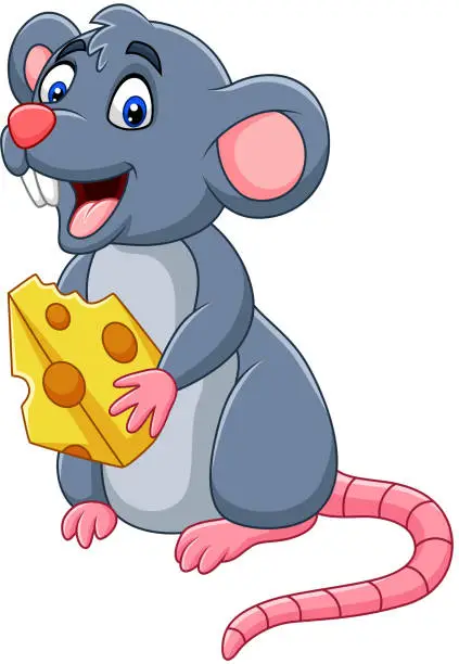 Vector illustration of Cartoon mouse holding slice of cheese