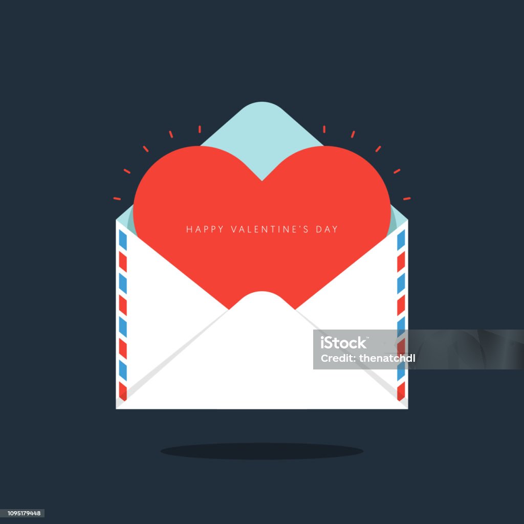 Coração vermelho em envelope Valentim conceito plana design - Vetor de Dia dos Namorados royalty-free