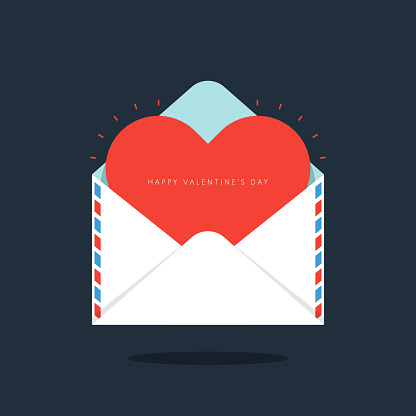 Red heart in envelope Valentine's day concept flat design. Design element can be used for background, poster, greeting card, brochure, leaflet, flyer, print, backdrop, vector illustration