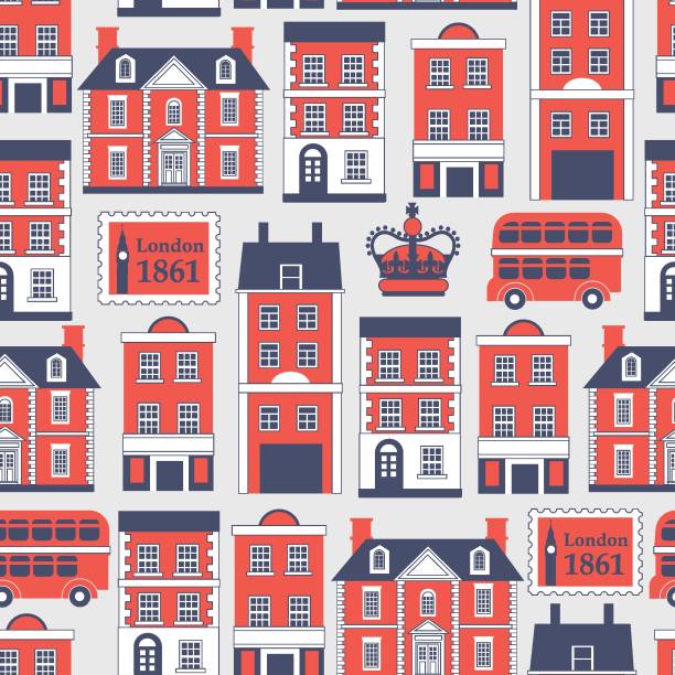 vector seamless pattern with english houses british vector seamless pattern with houses victorian house stock illustrations