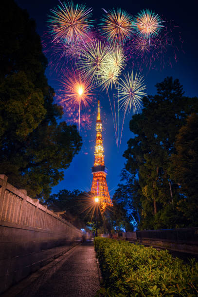 istock Fireworks over Tokyo Tower at twilight in Tokyo, Japan 1095187290