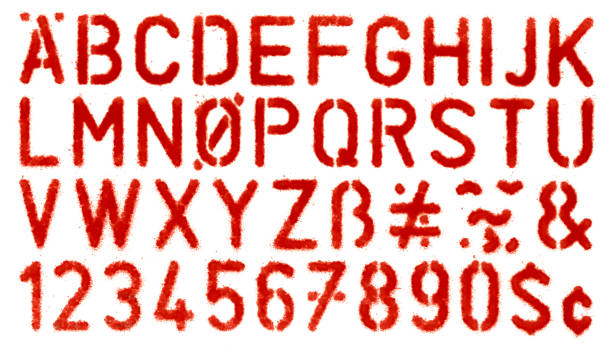 stencil spray dipinto di alfabeti - red text foto e immagini stock