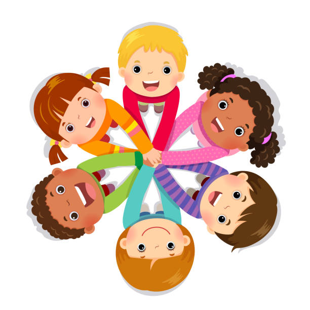Group of children putting hands together on white background Group of children putting hands together on white background circle clipart stock illustrations