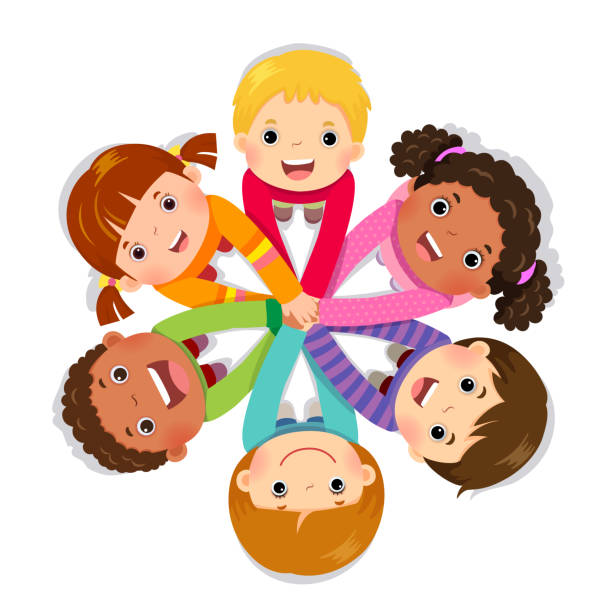 Group of children putting hands together on white background Group of children putting hands together on white background for children stock illustrations