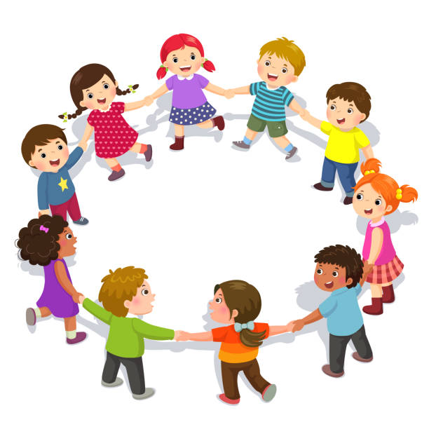 Happy kids holding hands in a circle. Cute boys and girls having fun vector art illustration